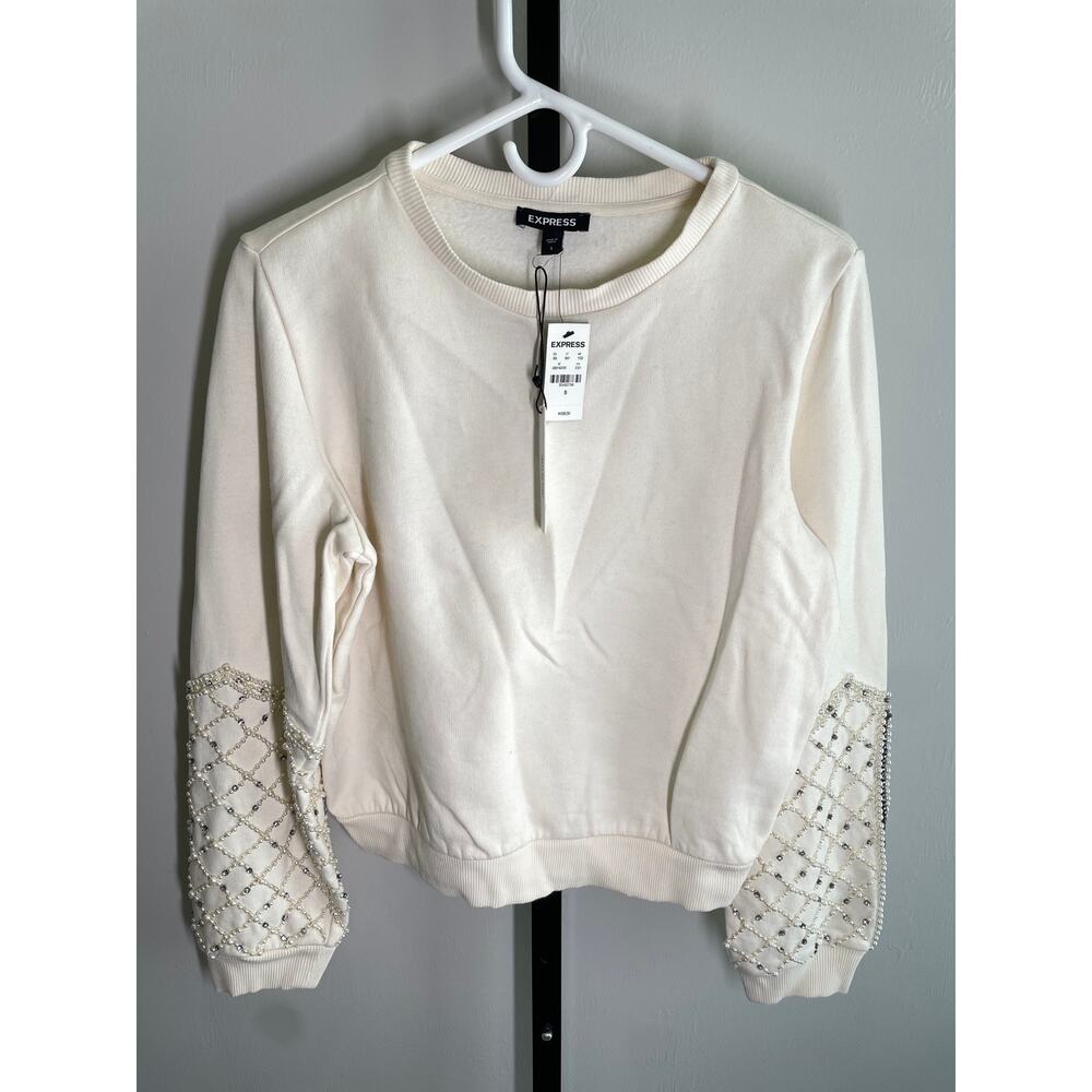 NEW Express Embellished Sweatshirt Womens S Ivory Rhinestone & Faux Pearl Crew - Picture 4 of 11